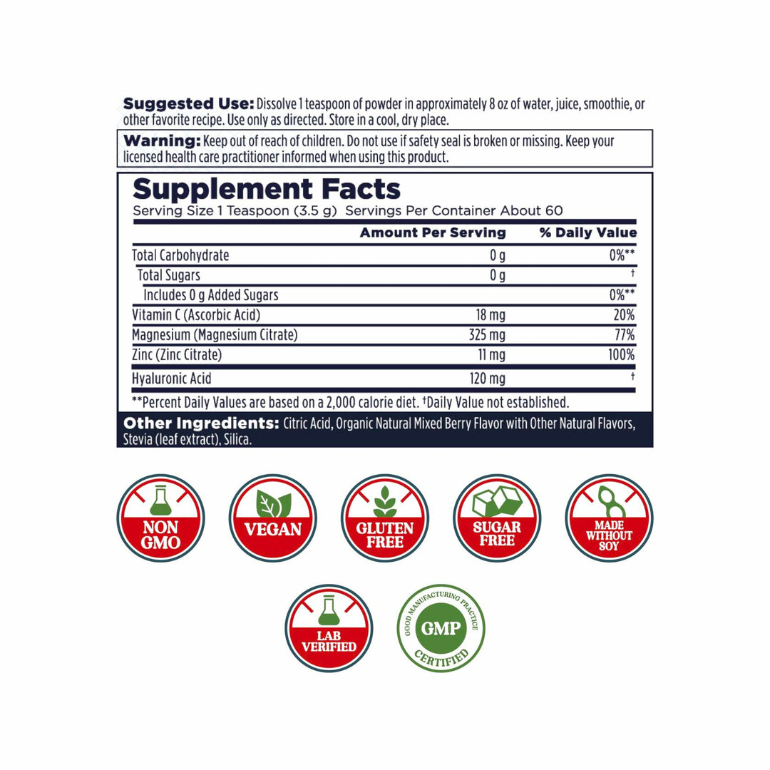 KAL Radiant Magnesium Powder, Mixed Berry Flavor, Hyaluronic Acid and Magnesium Supplement, Skin &amp; Antioxidant Support, Sugar Free, 60 Servings, 7.3 OZ