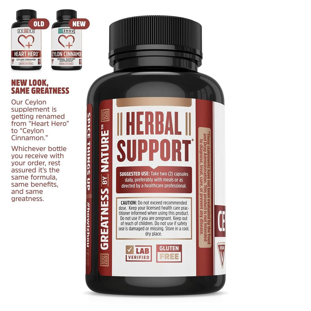 Zhou Heart Hero Ceylon Cinnamon - Ceylon Cinnamon Capsules for Women and Men, Cinnamon Verum Supplement with 1200 mg Per Serving for Heart and Joint Health - 60 Veggie Capsules