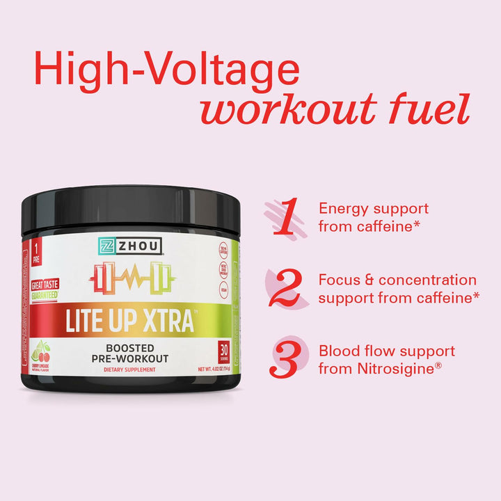 ZHOU Lite Up Xtra - Sugar Free Pre Workout Powder for Women &amp; Men, Preworkout Supplement with Caffeine for Clean Energy, Amino Acid Support, Hydrate &amp; Focus, Plant Based - Cherry Limeade, 16 oz Jar