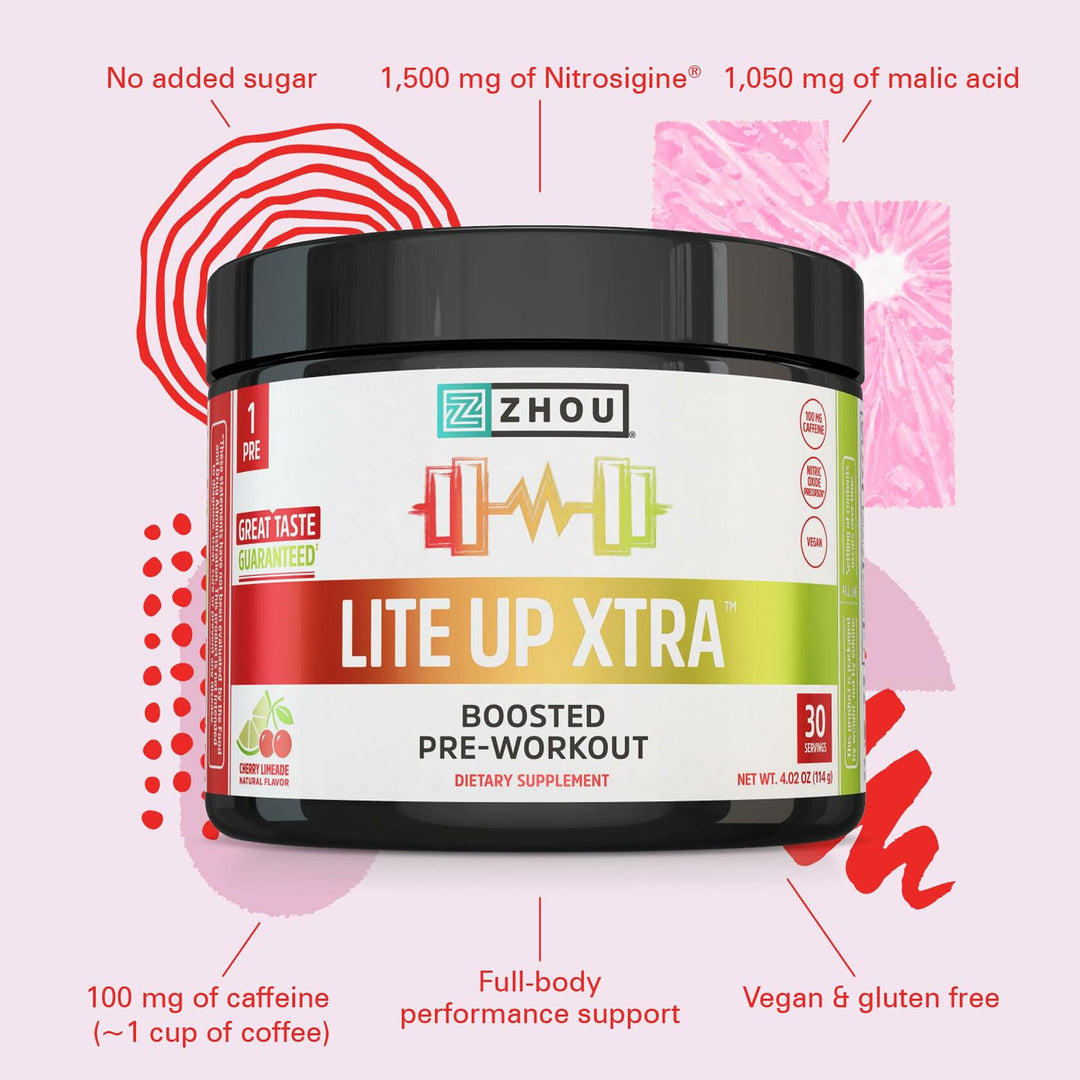 ZHOU Lite Up Xtra - Sugar Free Pre Workout Powder for Women &amp; Men, Preworkout Supplement with Caffeine for Clean Energy, Amino Acid Support, Hydrate &amp; Focus, Plant Based - Cherry Limeade, 16 oz Jar