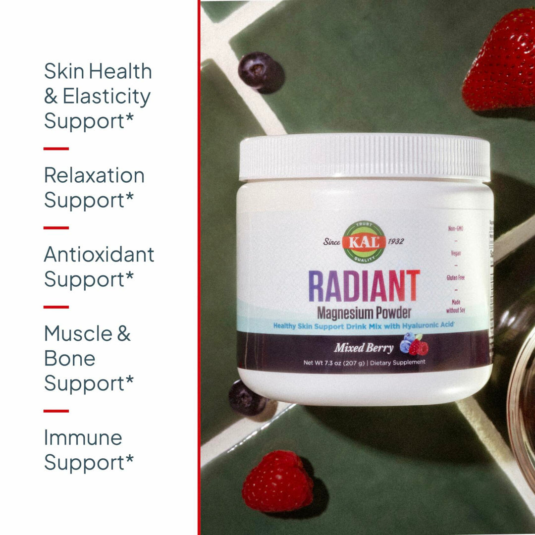 KAL Radiant Magnesium Powder, Mixed Berry Flavor, Hyaluronic Acid and Magnesium Supplement, Skin &amp; Antioxidant Support, Sugar Free, 60 Servings, 7.3 OZ
