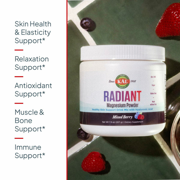 KAL Radiant Magnesium Powder, Mixed Berry Flavor, Hyaluronic Acid and Magnesium Supplement, Skin &amp; Antioxidant Support, Sugar Free, 60 Servings, 7.3 OZ