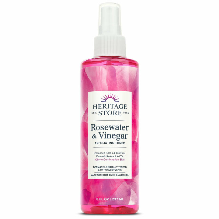 HERITAGE STORE Rosewater &amp; Vinegar - Exfoliating Toner with Apple Cider Vinegar - Oily to Combination Skin - Refreshing Facial Mist Cleans, Refines Pores and Clarifies Skin Hypoallergenic, Vegan, 8oz