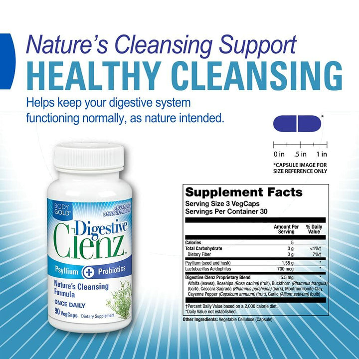Body Gold Digestive Clenz | Healthy Detoxification, Elimination &amp; Nutrient Absorption Support | 30 Servings, 90 VegCaps