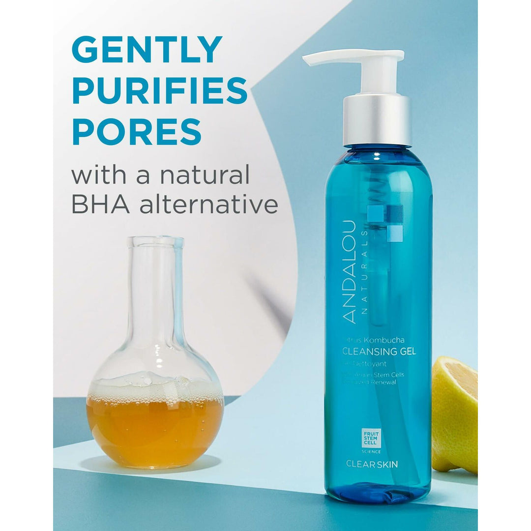 Andalou Naturals Clear Skin Citrus Kombucha Gel Face Cleanser - With Argan Stem Cells, Probiotics, &amp; Aloe Vera to Remove Excess Oil &amp; Dull Surface Cells for More Radiant, Balanced Skin - 6 Fl Oz