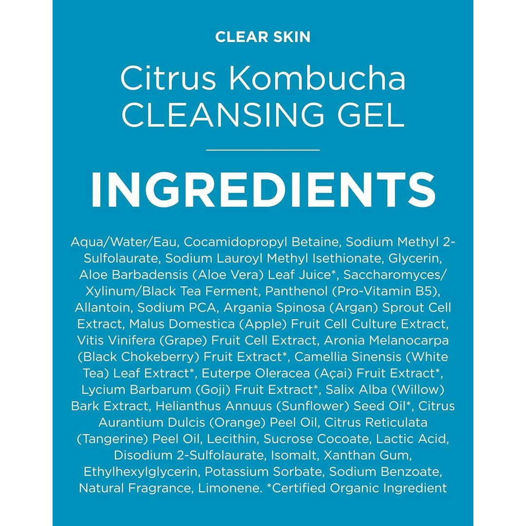 Andalou Naturals Clear Skin Citrus Kombucha Gel Face Cleanser - With Argan Stem Cells, Probiotics, &amp; Aloe Vera to Remove Excess Oil &amp; Dull Surface Cells for More Radiant, Balanced Skin - 6 Fl Oz