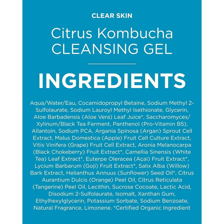 Andalou Naturals Clear Skin Citrus Kombucha Gel Face Cleanser - With Argan Stem Cells, Probiotics, &amp; Aloe Vera to Remove Excess Oil &amp; Dull Surface Cells for More Radiant, Balanced Skin - 6 Fl Oz