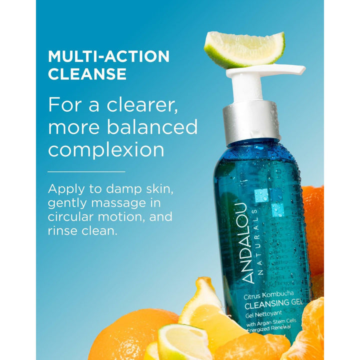 Andalou Naturals Clear Skin Citrus Kombucha Gel Face Cleanser - With Argan Stem Cells, Probiotics, &amp; Aloe Vera to Remove Excess Oil &amp; Dull Surface Cells for More Radiant, Balanced Skin - 6 Fl Oz