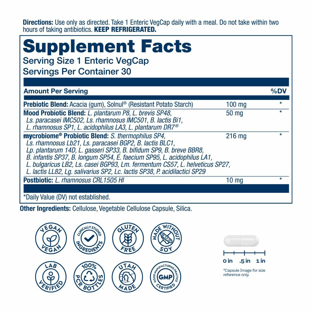SOLARAY Mycrobiome Complete Probiotic Mood Formula - Pre and Probiotics for Women and Men Plus Postbiotic - 50 Billion CFU, 28 Strains - Vegan, Clinically Studied Ingredients - 30 Servings, 30 VegCaps