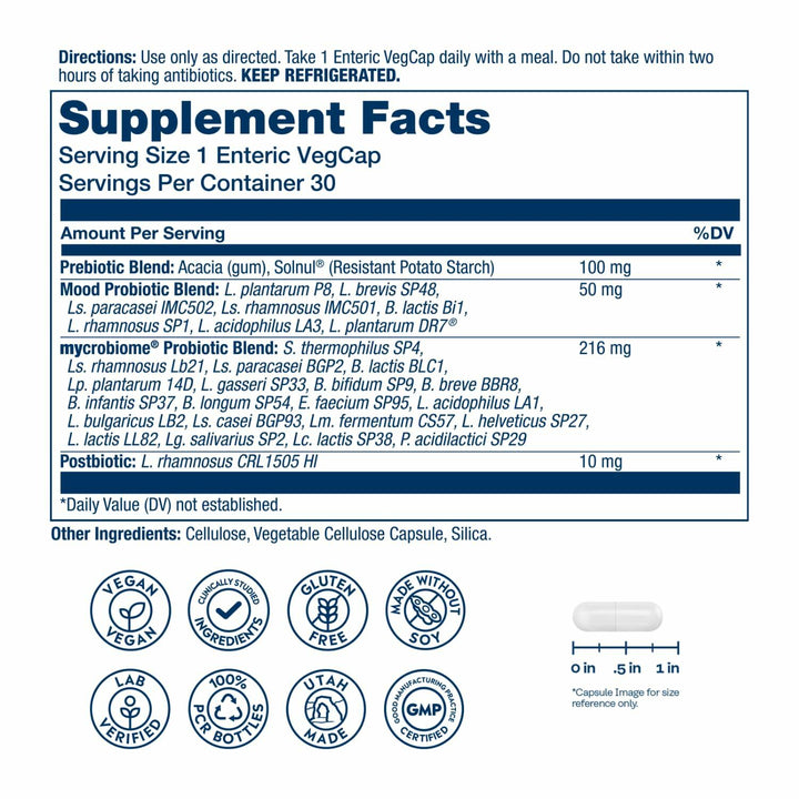 SOLARAY Mycrobiome Complete Probiotic Mood Formula - Pre and Probiotics for Women and Men Plus Postbiotic - 50 Billion CFU, 28 Strains - Vegan, Clinically Studied Ingredients - 30 Servings, 30 VegCaps