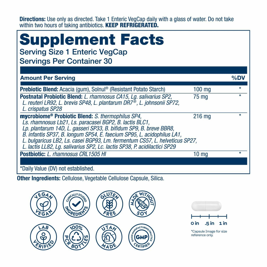 SOLARAY Mycrobiome Complete Probiotic Postnatal - Pre and Probiotics for Women and Men Plus Postbiotic - 50 Billion CFU, 23 Strains - Vegan, Clinically Studied Ingredients - 30 Servings, 30 VegCaps