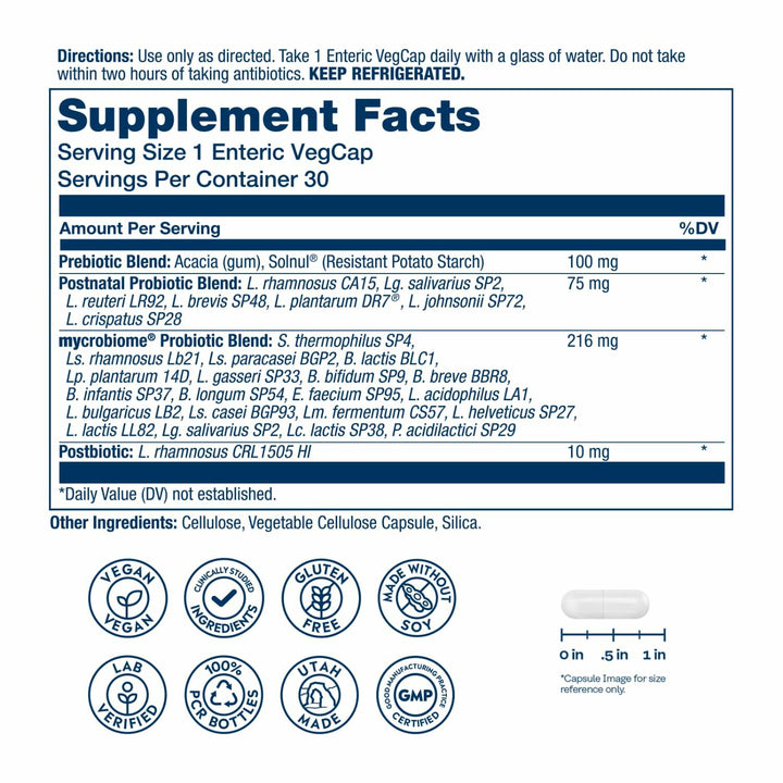 SOLARAY Mycrobiome Complete Probiotic Postnatal - Pre and Probiotics for Women and Men Plus Postbiotic - 50 Billion CFU, 23 Strains - Vegan, Clinically Studied Ingredients - 30 Servings, 30 VegCaps