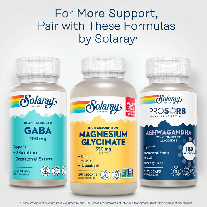 SOLARAY Plant-Sourced GABA 100 mg - Relaxation, Occasional Stress and Mood Support Supplement from Fermented Barley - Vegan, Gluten Free - 60-Day Guarantee - 30 Servings, 30 VegCaps