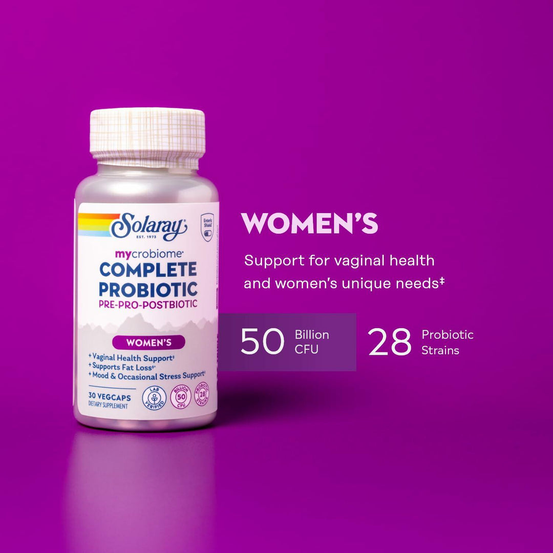 SOLARAY Mycrobiome Complete Probiotic Women’s Formula - Vaginal Probiotics for Women Plus Pre and Postbiotic - 50 Billion CFU, 28 Strains - Vegan, Gluten Free - 30 Serv, 30 VegCaps