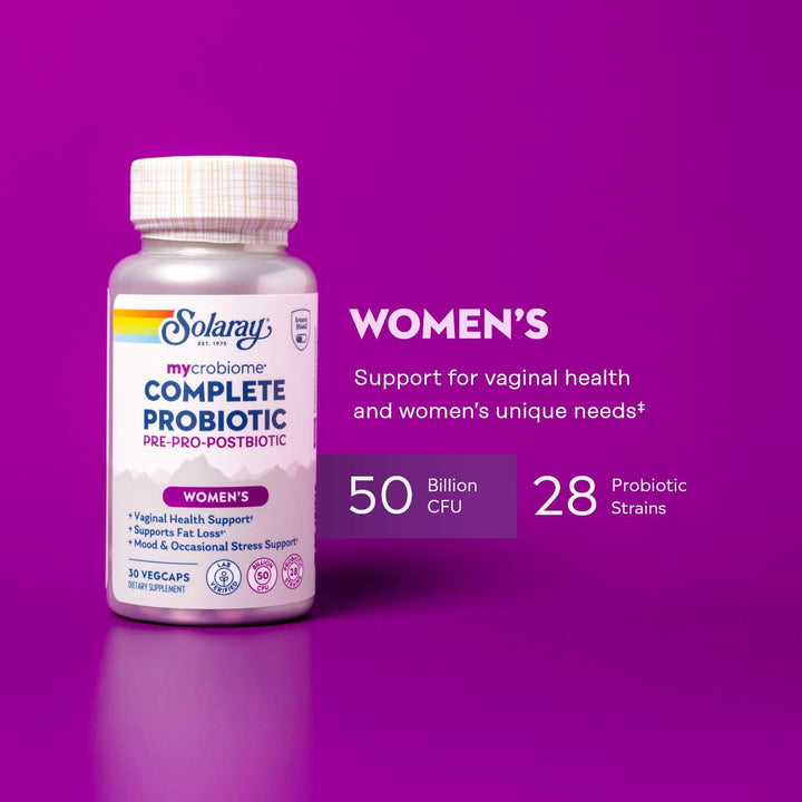 SOLARAY Mycrobiome Complete Probiotic Women’s Formula - Vaginal Probiotics for Women Plus Pre and Postbiotic - 50 Billion CFU, 28 Strains - Vegan, Gluten Free - 30 Serv, 30 VegCaps