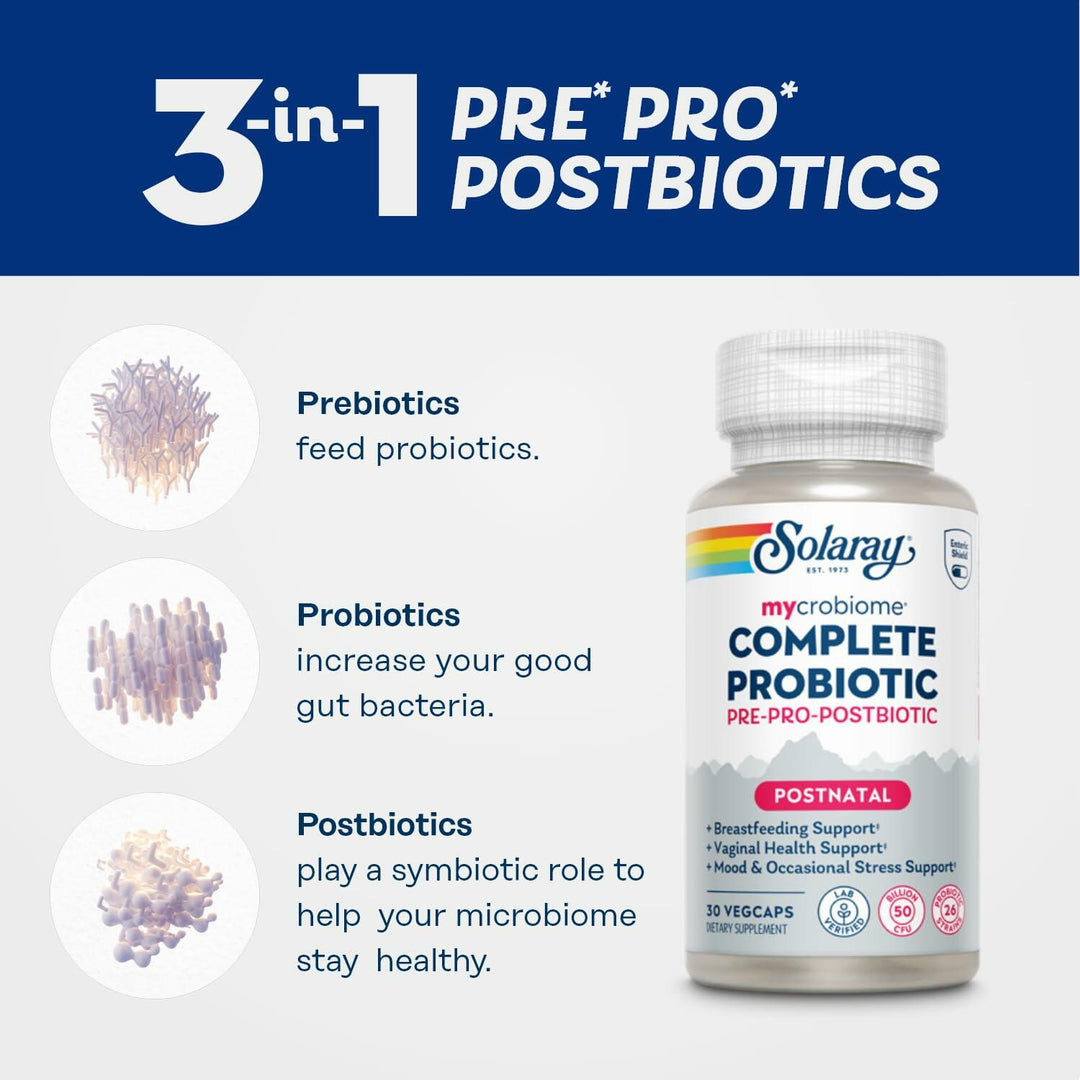 SOLARAY Mycrobiome Complete Probiotic Postnatal - Pre and Probiotics for Women and Men Plus Postbiotic - 50 Billion CFU, 23 Strains - Vegan, Clinically Studied Ingredients - 30 Servings, 30 VegCaps
