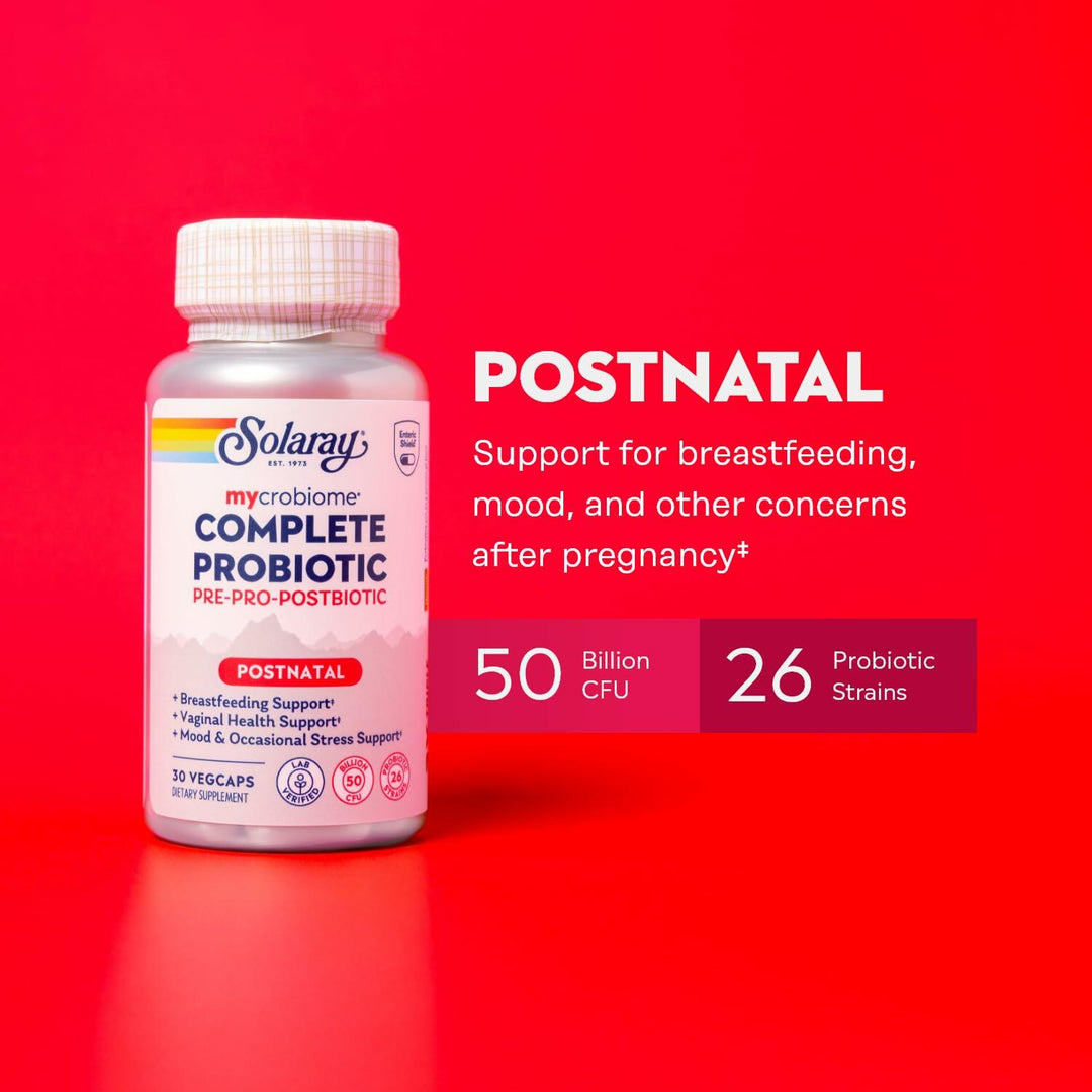 SOLARAY Mycrobiome Complete Probiotic Postnatal - Pre and Probiotics for Women and Men Plus Postbiotic - 50 Billion CFU, 23 Strains - Vegan, Clinically Studied Ingredients - 30 Servings, 30 VegCaps
