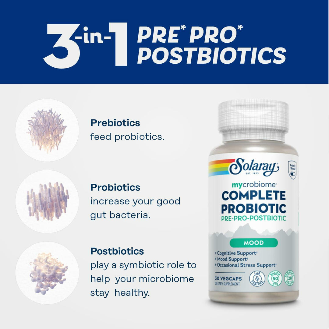 SOLARAY Mycrobiome Complete Probiotic Mood Formula - Pre and Probiotics for Women and Men Plus Postbiotic - 50 Billion CFU, 28 Strains - Vegan, Clinically Studied Ingredients - 30 Servings, 30 VegCaps