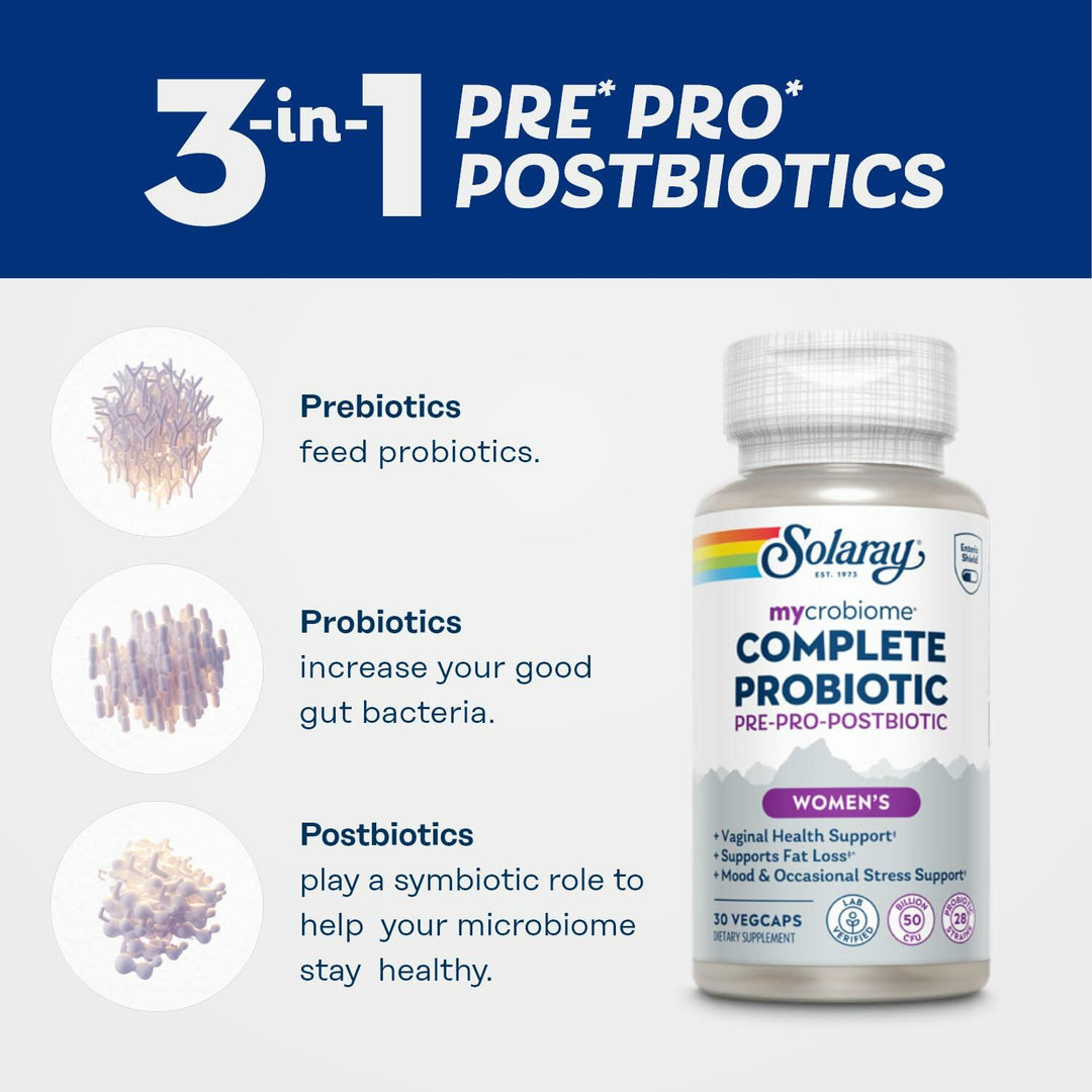 SOLARAY Mycrobiome Complete Probiotic Women’s Formula - Vaginal Probiotics for Women Plus Pre and Postbiotic - 50 Billion CFU, 28 Strains - Vegan, Gluten Free - 30 Serv, 30 VegCaps