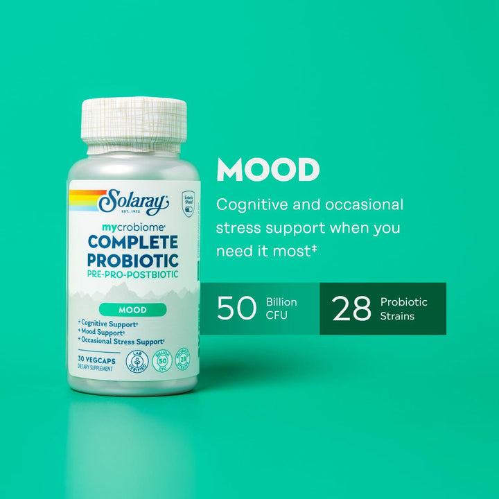 SOLARAY Mycrobiome Complete Probiotic Mood Formula - Pre and Probiotics for Women and Men Plus Postbiotic - 50 Billion CFU, 28 Strains - Vegan, Clinically Studied Ingredients - 30 Servings, 30 VegCaps