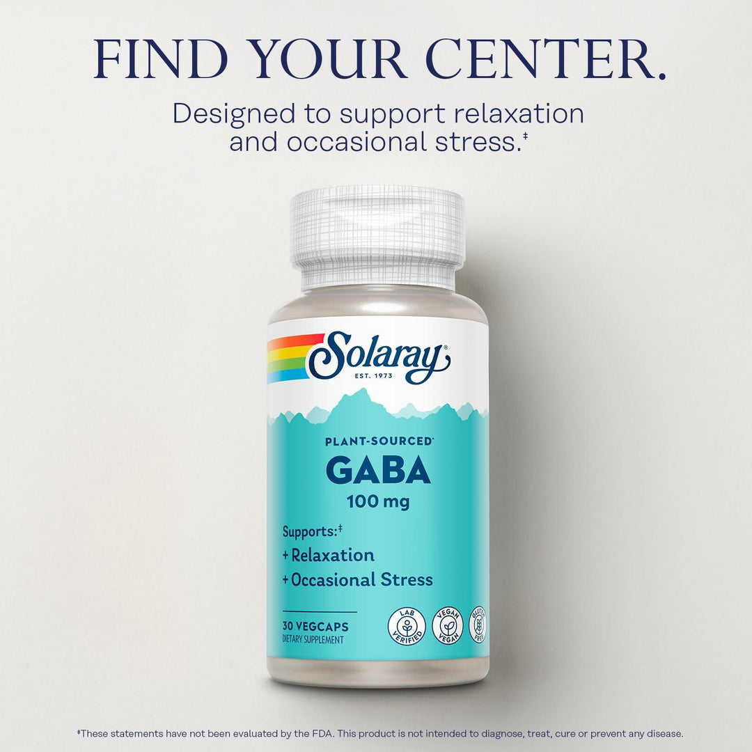 SOLARAY Plant-Sourced GABA 100 mg - Relaxation, Occasional Stress and Mood Support Supplement from Fermented Barley - Vegan, Gluten Free - 60-Day Guarantee - 30 Servings, 30 VegCaps