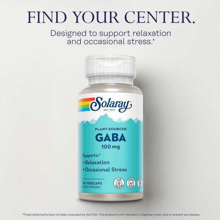 SOLARAY Plant-Sourced GABA 100 mg - Relaxation, Occasional Stress and Mood Support Supplement from Fermented Barley - Vegan, Gluten Free - 60-Day Guarantee - 30 Servings, 30 VegCaps