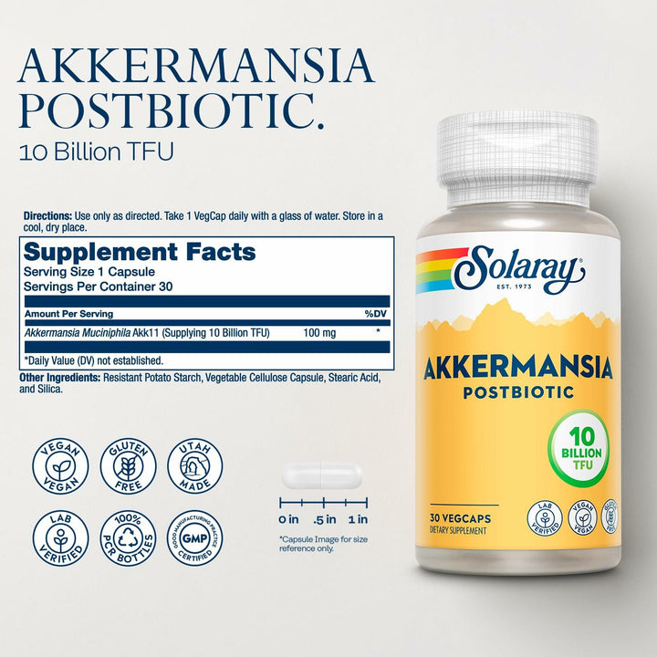 SOLARAY Akkermansia Postbiotic, Akk11, 10 Billion TFU, Beneficial Strain for Gut Health Support, Vegan, Gluten-Free, 60-Day Guarantee, 30 Servings, 30 VegCaps