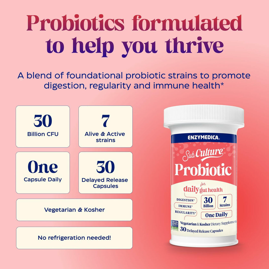 Enzymedica SubCulture Probiotic for Daily Gut & Digestive Health - Probiotic Capsules for Women & Men, 30 Billion CFU, Digestive Nutritional Supplement for Adults, Vegetarian, Non GMO - 30 Caps