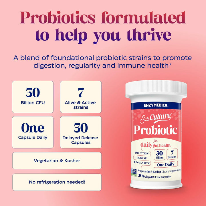 Enzymedica SubCulture Probiotic for Daily Gut & Digestive Health - Probiotic Capsules for Women & Men, 30 Billion CFU, Digestive Nutritional Supplement for Adults, Vegetarian, Non GMO - 30 Caps