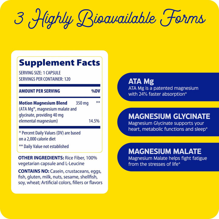Enzymedica Magnesium Motion Supplement for Women &amp; Men - Triple Magnesium Complex, ATA Mg, Malate &amp; Glycinate, Muscle &amp; Bone Health Support Capsules, High Bioavailability, Vegan, Gluten Free- 120 Caps