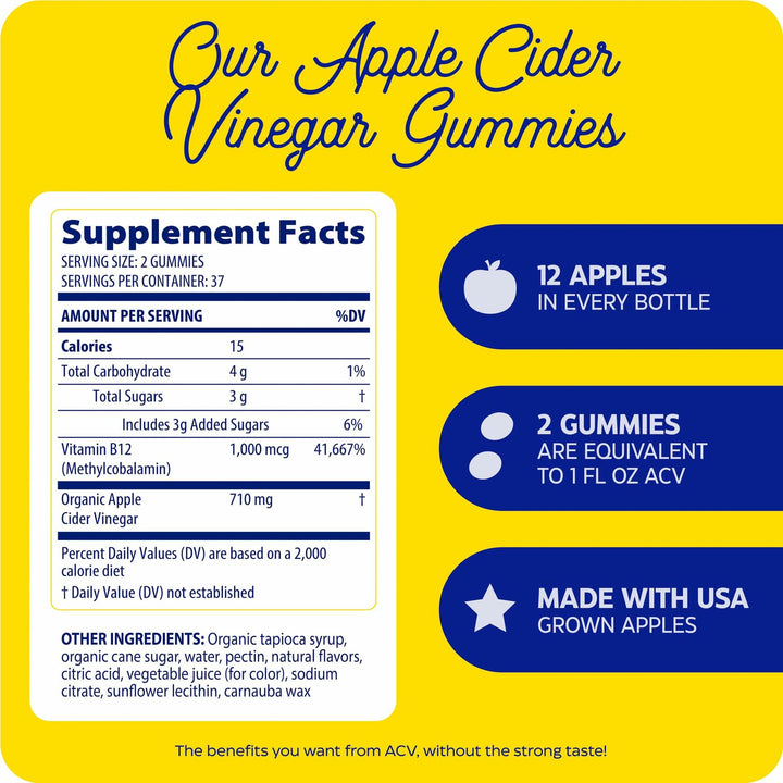 Enzymedica Apple Cider Vinegar Supplement for Women &amp; Men - Apple Cider Vinegar Gummies with Mother, 1000 mcg Vitamin B12 &amp; 710 mg ACV per Serving, Gut Health &amp; Digestive Support, Vegan - 74 Count