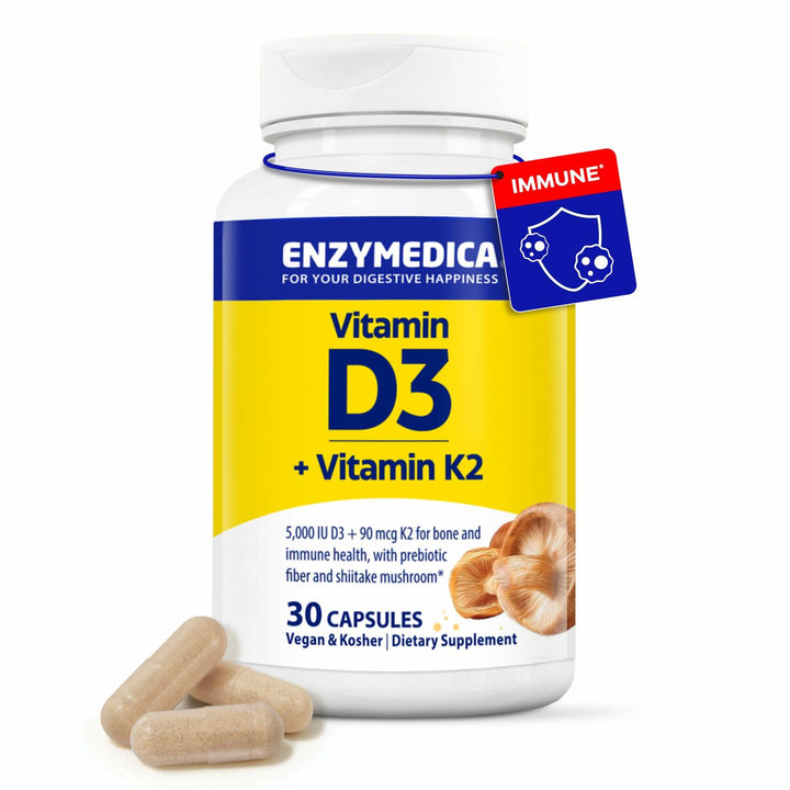 Enzymedica Vitamin D3 and K2 Supplement Caps for Men &amp; Women - VIT D3 5000 IU &amp; VIT K2 MK-7 90 mcg, Immune &amp; Bone Health Support, Features Shitake Mushrooms &amp; Prebiotic Fiber, Vegan - 30 Capsules