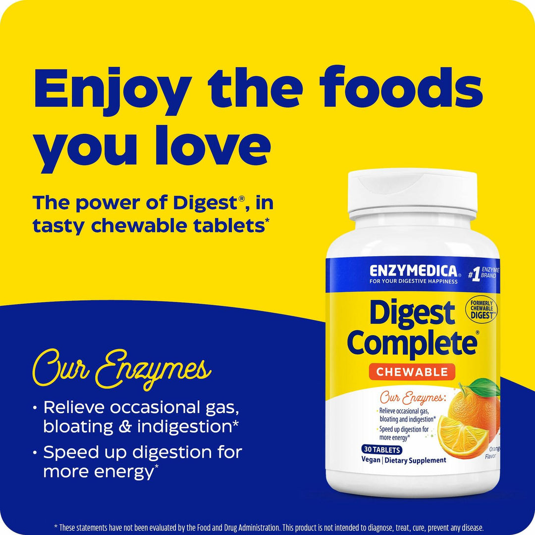 Enzymedica Digest Complete Chewable - Digestive Enzyme Supplement for Women &amp; Men, Chewable Enzyme Tablets for Digestion, Gut Health Support, Helps Gas &amp; Bloating, Energy Support, Vegan - 30 Tablets