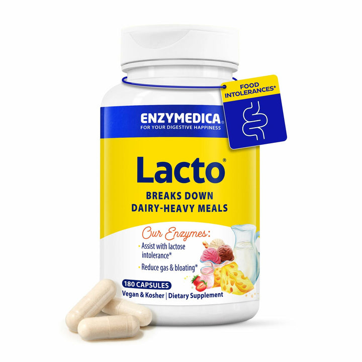 Enzymedica Lacto Digestive Enzymes for Men &amp; Women - Lactose Intolerance Support Supplement with Lactase Enzyme, Breaks Down Dairy Heavy Meals, Helps Reduce Gas &amp; Bloating, Gluten Free - 180 Caps