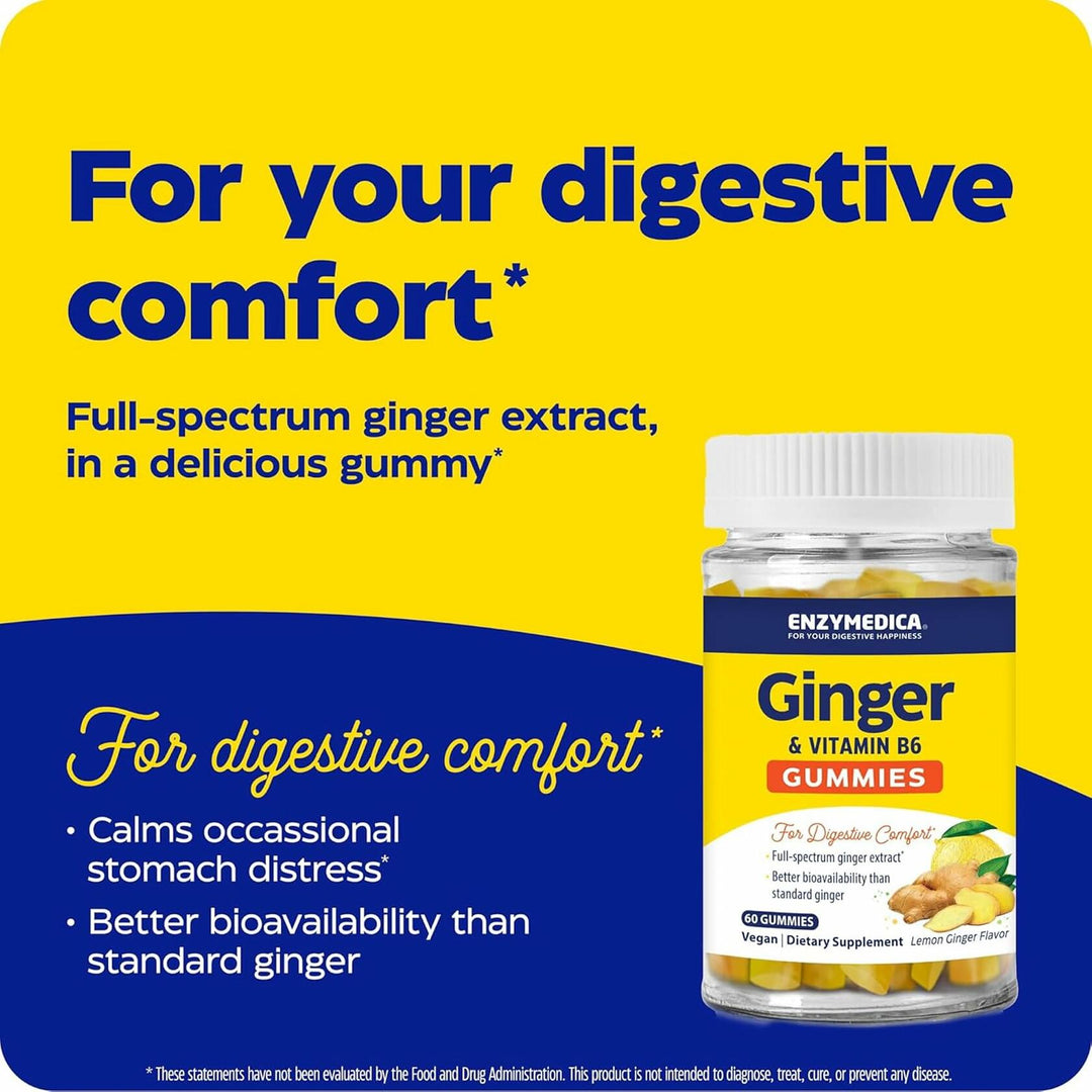 Enzymedica Ginger Root &amp; Vitamin B6 Gummies for Adults - Ginger &amp; VIT B6 Supplement Chews for Women &amp; Men, Support for Occasional Nausea, Helps Digestion, Vegan, Gluten Free - 60 Count
