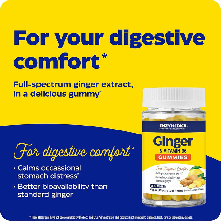 Enzymedica Ginger Root &amp; Vitamin B6 Gummies for Adults - Ginger &amp; VIT B6 Supplement Chews for Women &amp; Men, Support for Occasional Nausea, Helps Digestion, Vegan, Gluten Free - 60 Count
