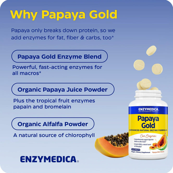 Enzymedica Papaya Gold - Papaya Enzymes Chewable, Digestive Enzyme Supplement for Women and Men, Digestion &amp; Gut Health Support, High Potency Bromelain &amp; Papain, Vegan, Gluten Free - 120 Tablets