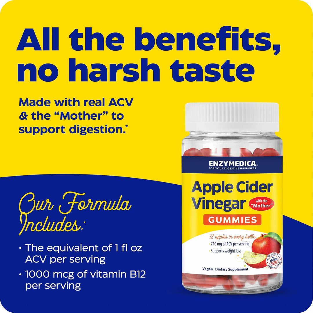 Enzymedica Apple Cider Vinegar Supplement for Women &amp; Men - Apple Cider Vinegar Gummies with Mother, 1000 mcg Vitamin B12 &amp; 710 mg ACV per Serving, Gut Health &amp; Digestive Support, Vegan - 74 Count