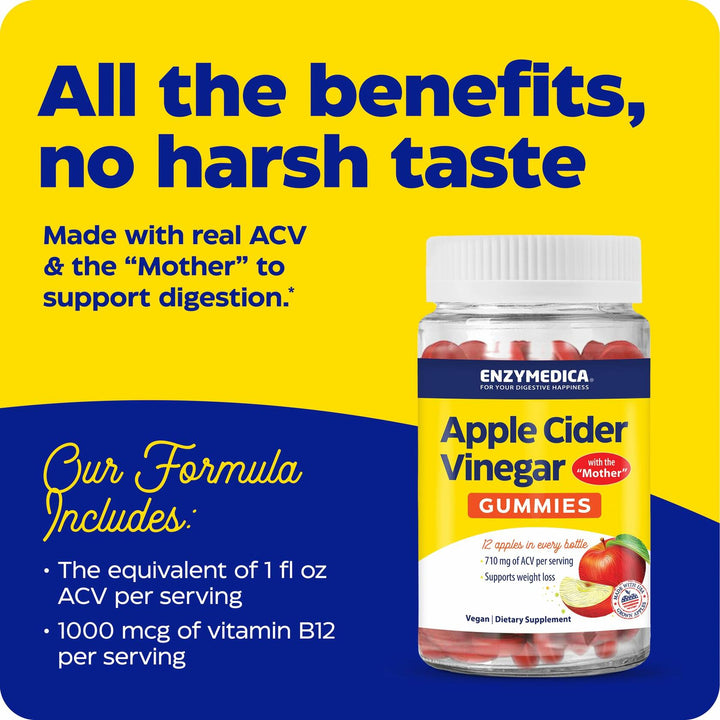 Enzymedica Apple Cider Vinegar Supplement for Women &amp; Men - Apple Cider Vinegar Gummies with Mother, 1000 mcg Vitamin B12 &amp; 710 mg ACV per Serving, Gut Health &amp; Digestive Support, Vegan - 74 Count