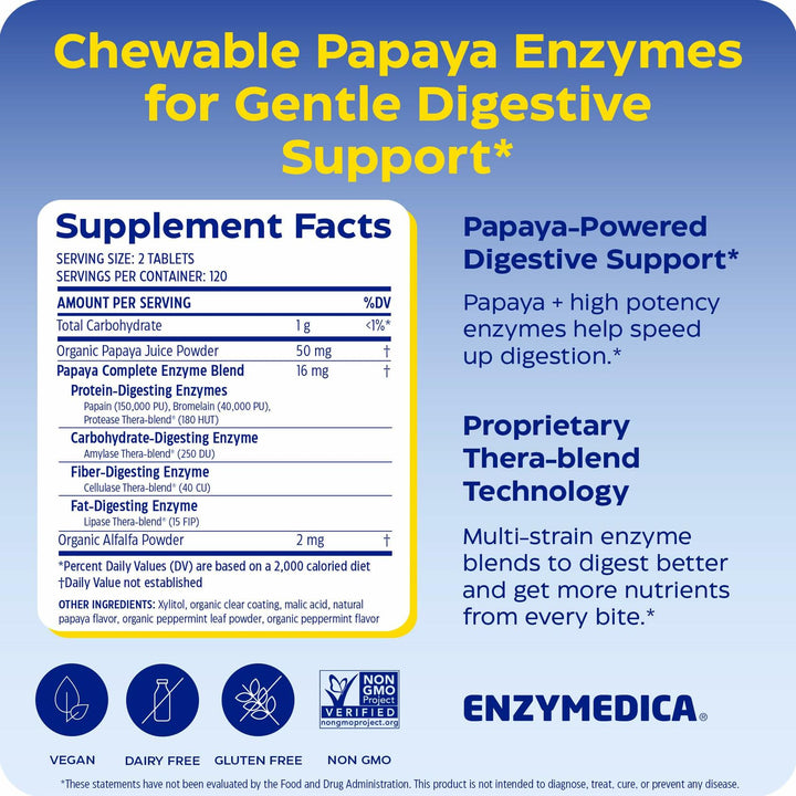 Enzymedica Papaya Complete - Papaya Enzymes Chewable, Digestive Enzyme Supplement for Women and Men, Digestion &amp; Gut Health Support, High Potency Bromelain &amp; Papain, Vegan, Gluten Free - 240 Tablets