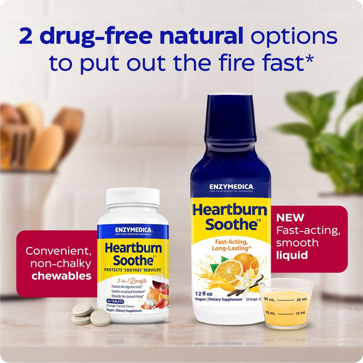 Enzymedica Heartburn Soothe Liquid Supplement - All Natural Reflux Support, Balances Acid &amp; pH Levels with Alginate, Fast-Acting Acid Support Alternative for Digestive Health, Vanilla Orange- 12 fl oz