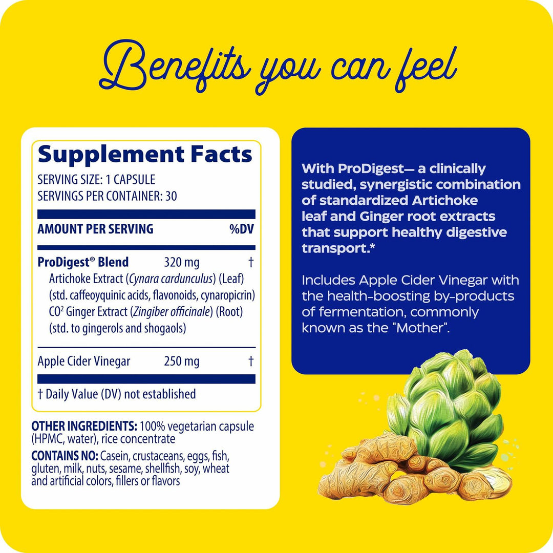Enzymedica Gut Motility Supplement for Men &amp; Women - Apple Cider Vinegar Capsules with Artichoke &amp; Ginger Extract, Digestive Health Support for Adults, Reduces Occasional Bloating &amp; Gas - 30 Caps