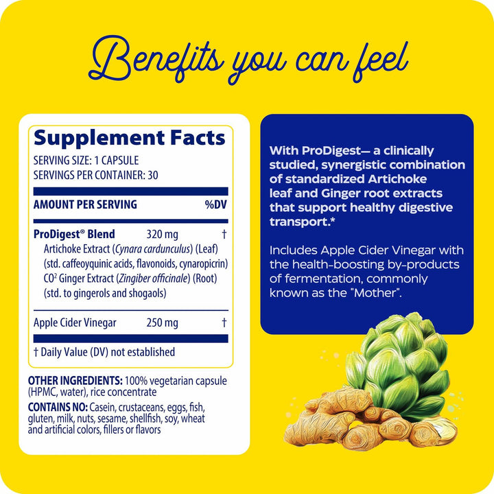 Enzymedica Gut Motility Supplement for Men &amp; Women - Apple Cider Vinegar Capsules with Artichoke &amp; Ginger Extract, Digestive Health Support for Adults, Reduces Occasional Bloating &amp; Gas - 30 Caps