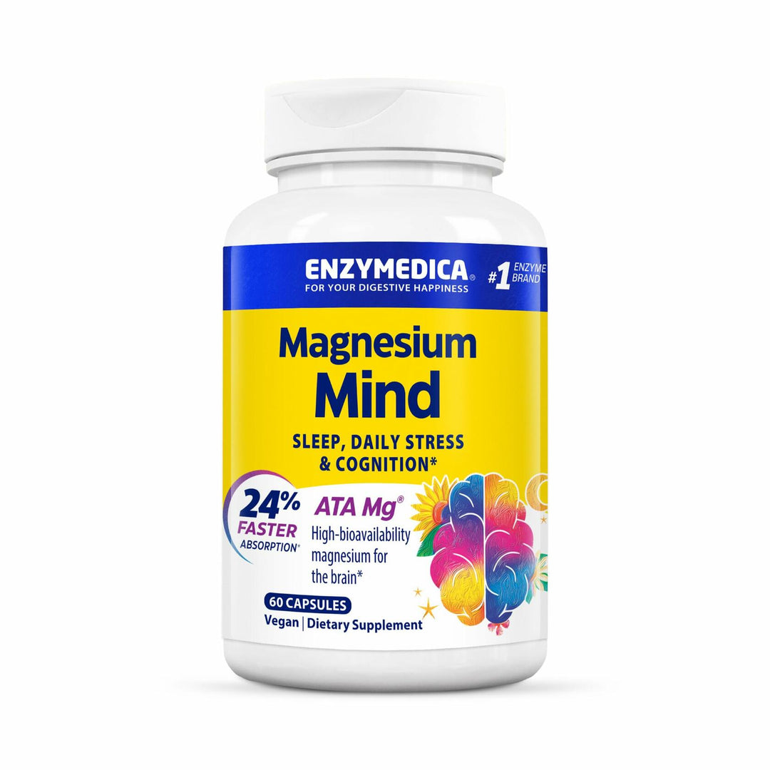 Enzymedica Magnesium Mind Supplement for Women &amp; Men - Sleep, Stress, &amp; Cognition Support, ATA Mg 24% Faster Absorption, High Bioavailability Magnesium Capsules for Brain, Vegan, Gluten Free - 60 Caps