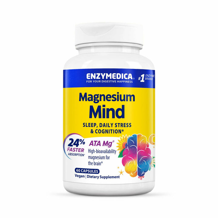 Enzymedica Magnesium Mind Supplement for Women &amp; Men - Sleep, Stress, &amp; Cognition Support, ATA Mg 24% Faster Absorption, High Bioavailability Magnesium Capsules for Brain, Vegan, Gluten Free - 60 Caps