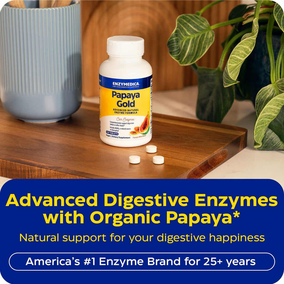 Enzymedica Papaya Gold - Papaya Enzymes Chewable, Digestive Enzyme Supplement for Women and Men, Digestion &amp; Gut Health Support, High Potency Bromelain &amp; Papain, Vegan, Gluten Free - 120 Tablets