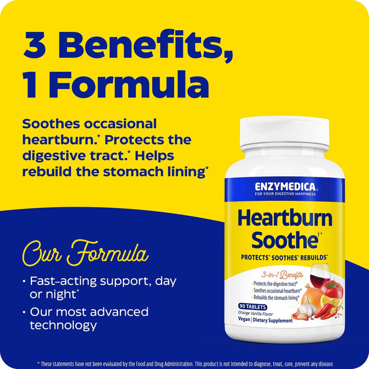 Enzymedica, Heartburn Soothe, Fast-Acting Digestive Aid, Vanilla Orange, 90 Chews (45 Servings)