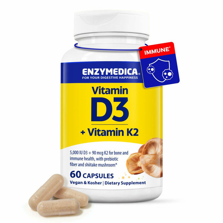 Enzymedica Vitamin D3 and K2 Supplement Caps for Men &amp; Women - VIT D3 5000 IU &amp; VIT K2 MK-7 90 mcg, Immune &amp; Bone Health Support, Features Shitake Mushrooms &amp; Prebiotic Fiber, Vegan - 60 Capsules