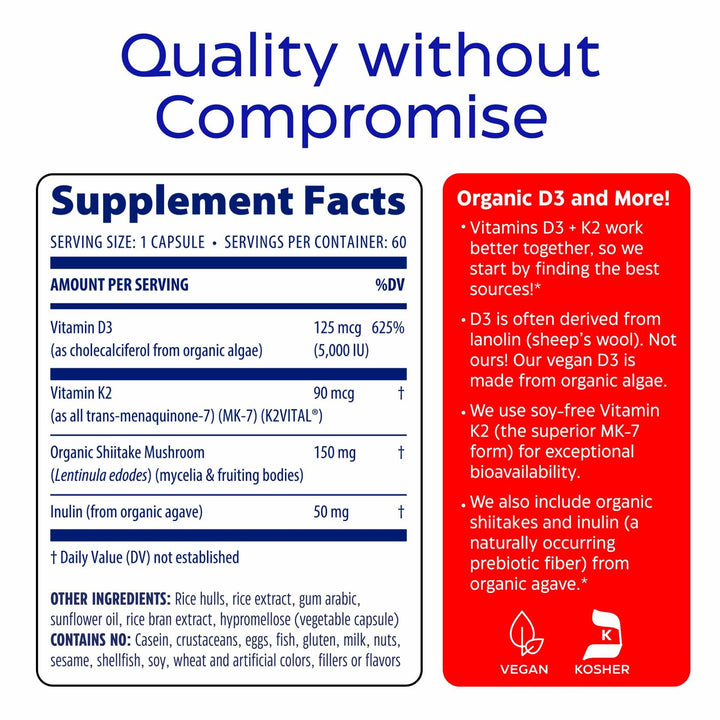 Enzymedica Vitamin D3 and K2 Supplement Caps for Men &amp; Women - VIT D3 5000 IU &amp; VIT K2 MK-7 90 mcg, Immune &amp; Bone Health Support, Features Shitake Mushrooms &amp; Prebiotic Fiber, Vegan - 60 Capsules