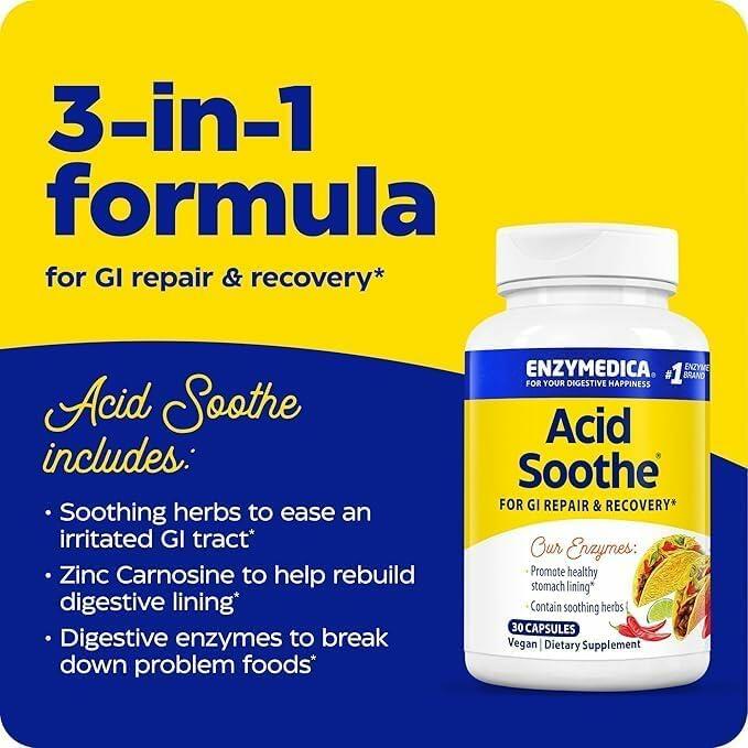 Enzymedica, Acid Soothe, Support for Occasional Heartburn, 3-in-1 Formula with Enzymes &amp; Soothing Herbs, 90 Count